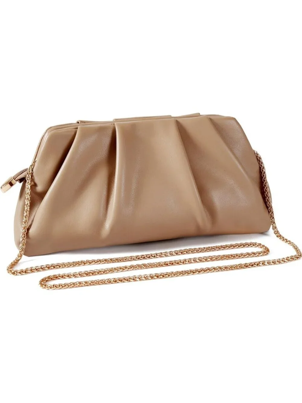 👜Women's Taupe Leather Ruched Clutch Purse Detachable Metal Chain Crossbody Bag